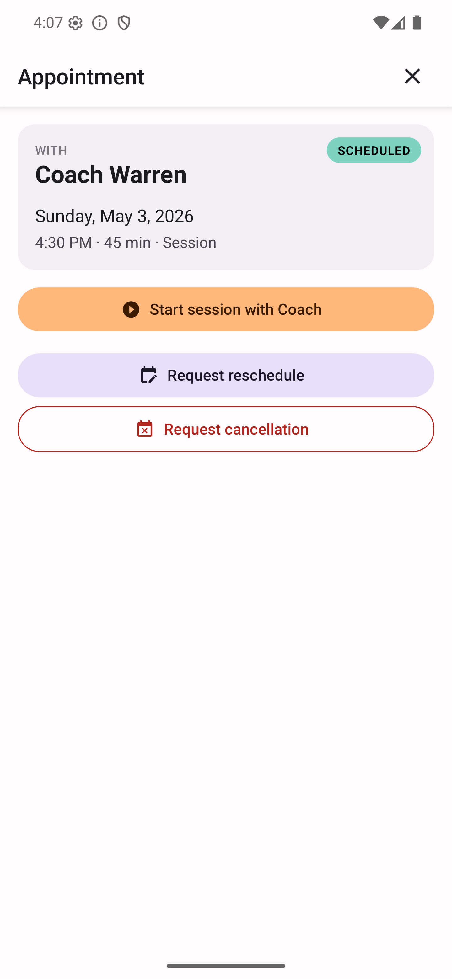Client appointment detail with Start session