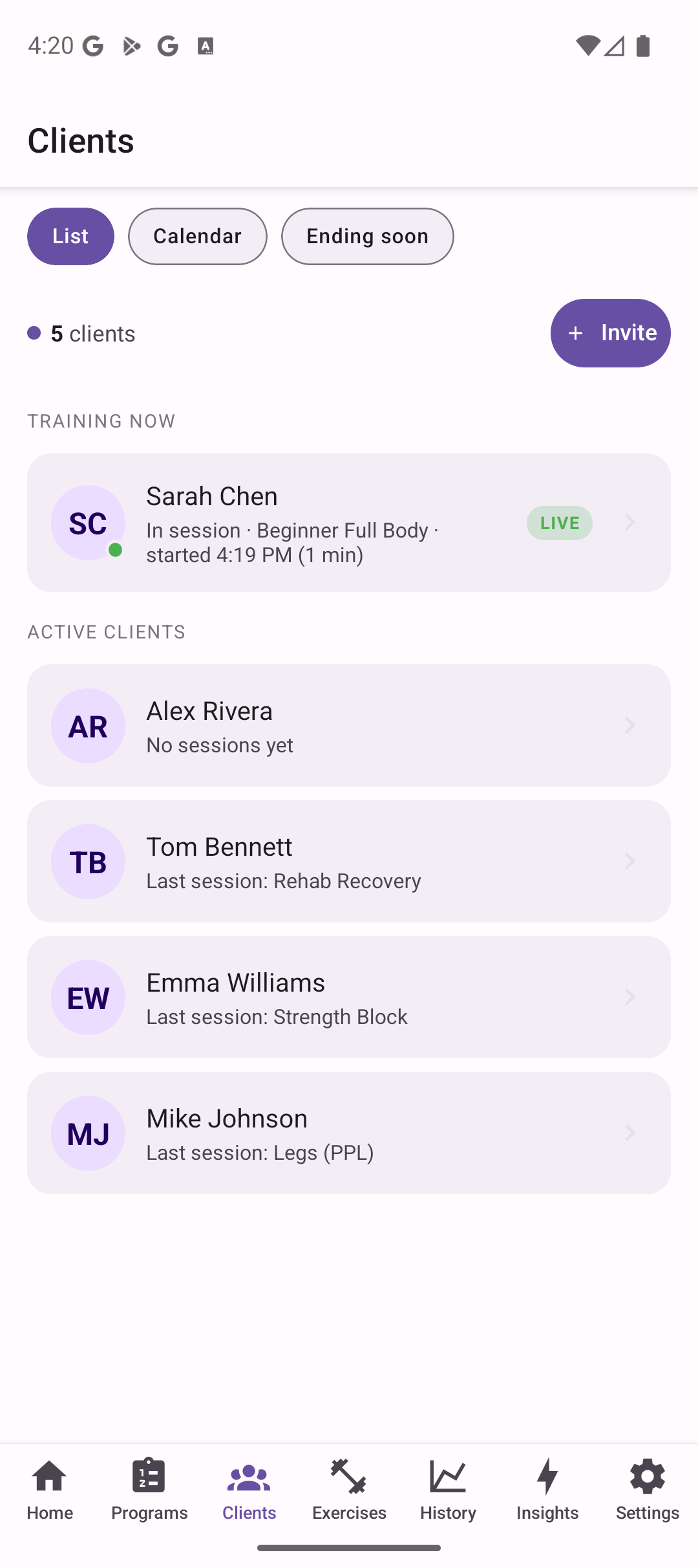Roster with TRAINING NOW LIVE chip