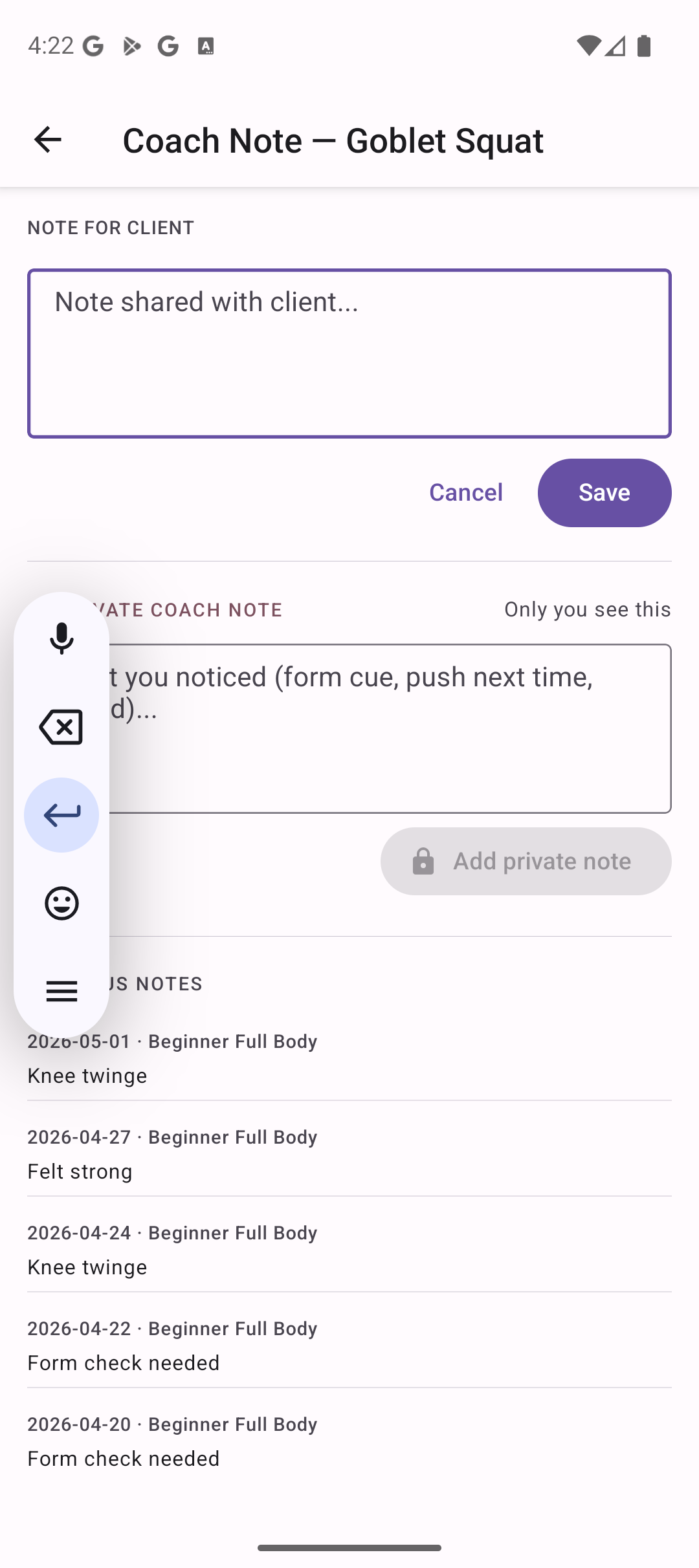 Coach note for client field