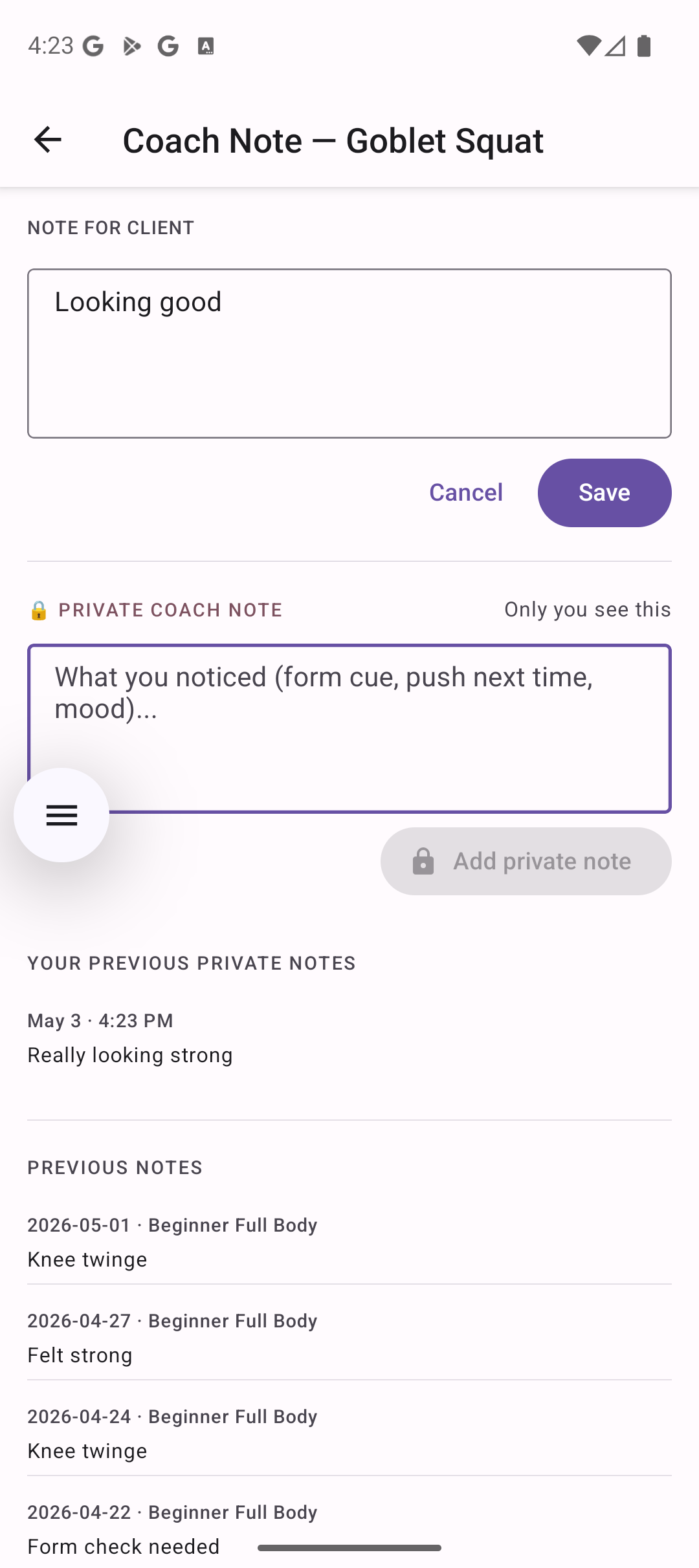 Coach note with shared and private split