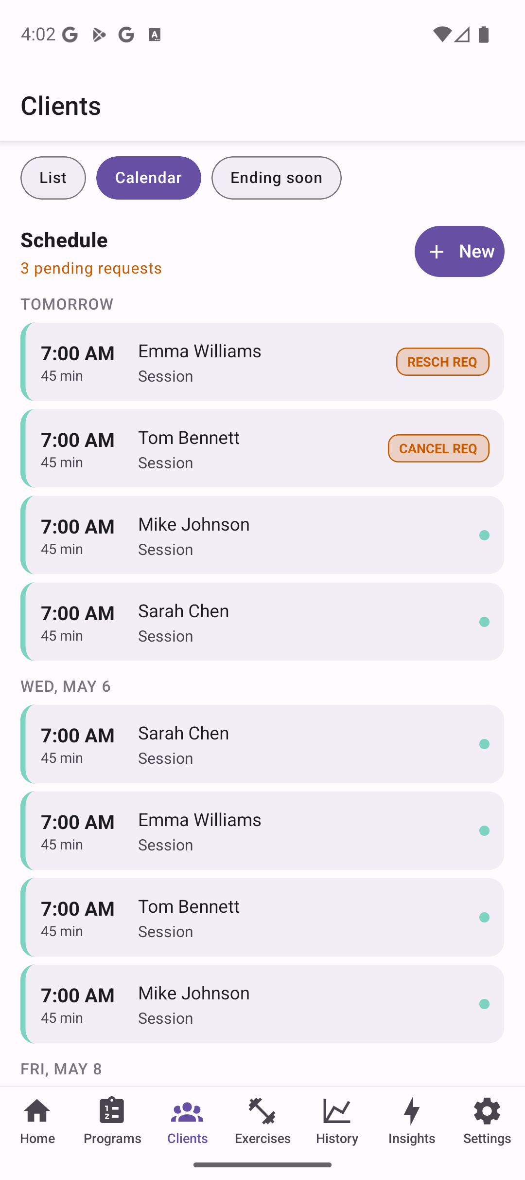 Calendar with pending requests