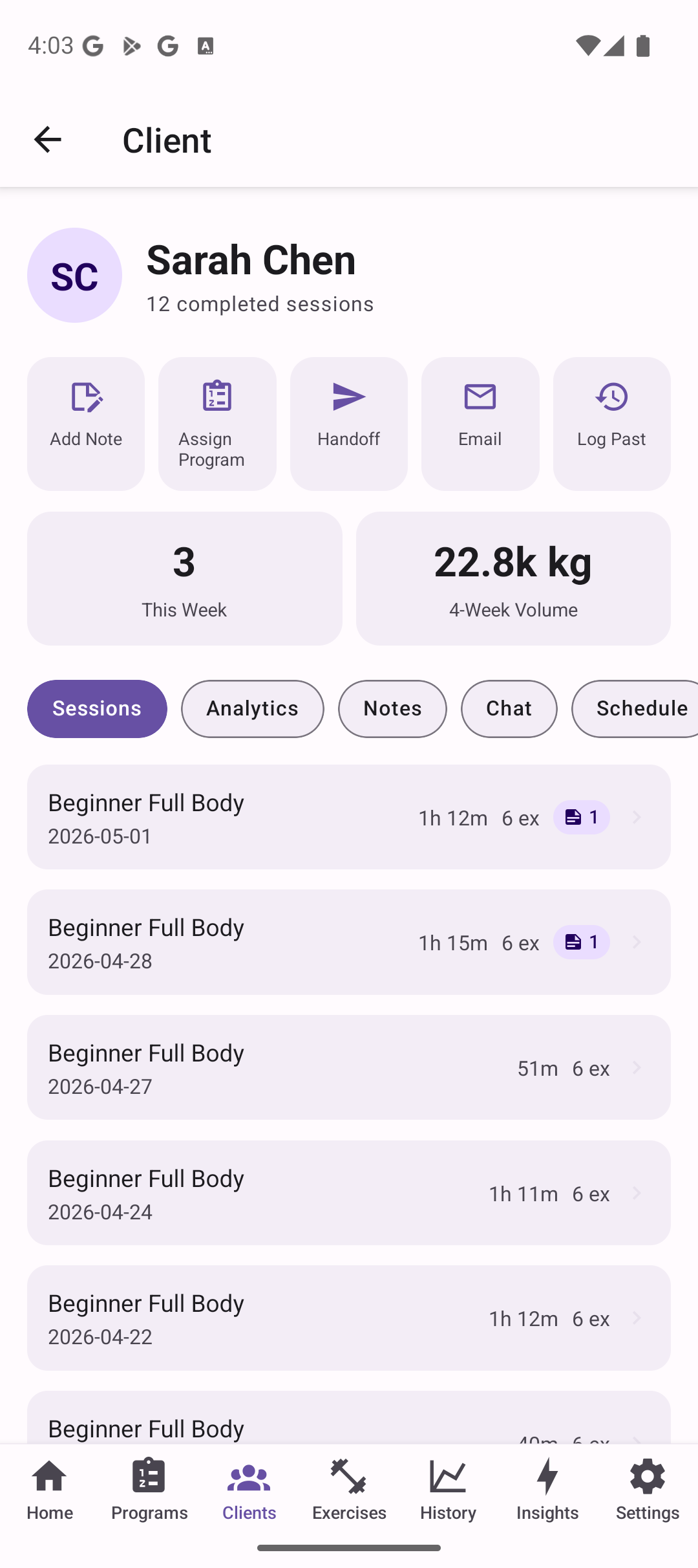 Client detail with action grid