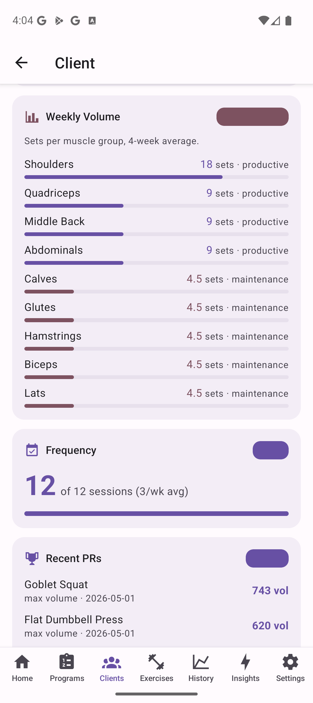 Weekly volume by muscle group and recent PRs