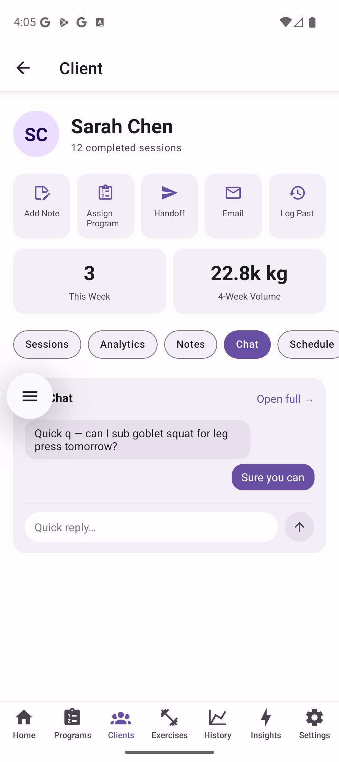 Coach replies in chat