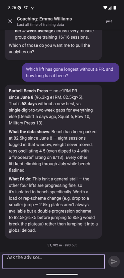 Grifter answering a question about Emma's stalled bench press